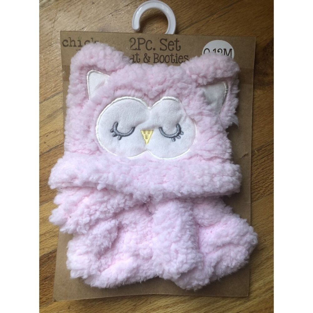 🆕 Chick Pea Pink Sherpa Owl Set Hat & Booties